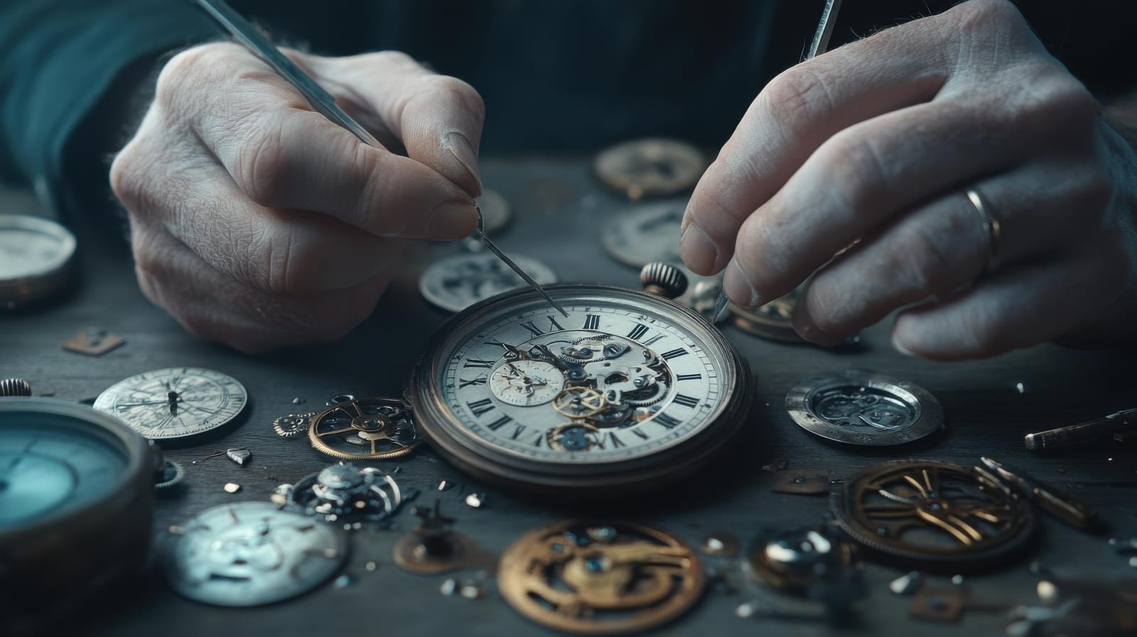 Mani di un orologiaio che con una pinzetta lavorano su un movimento a tasca aperto, circondato da piccoli componenti smontati