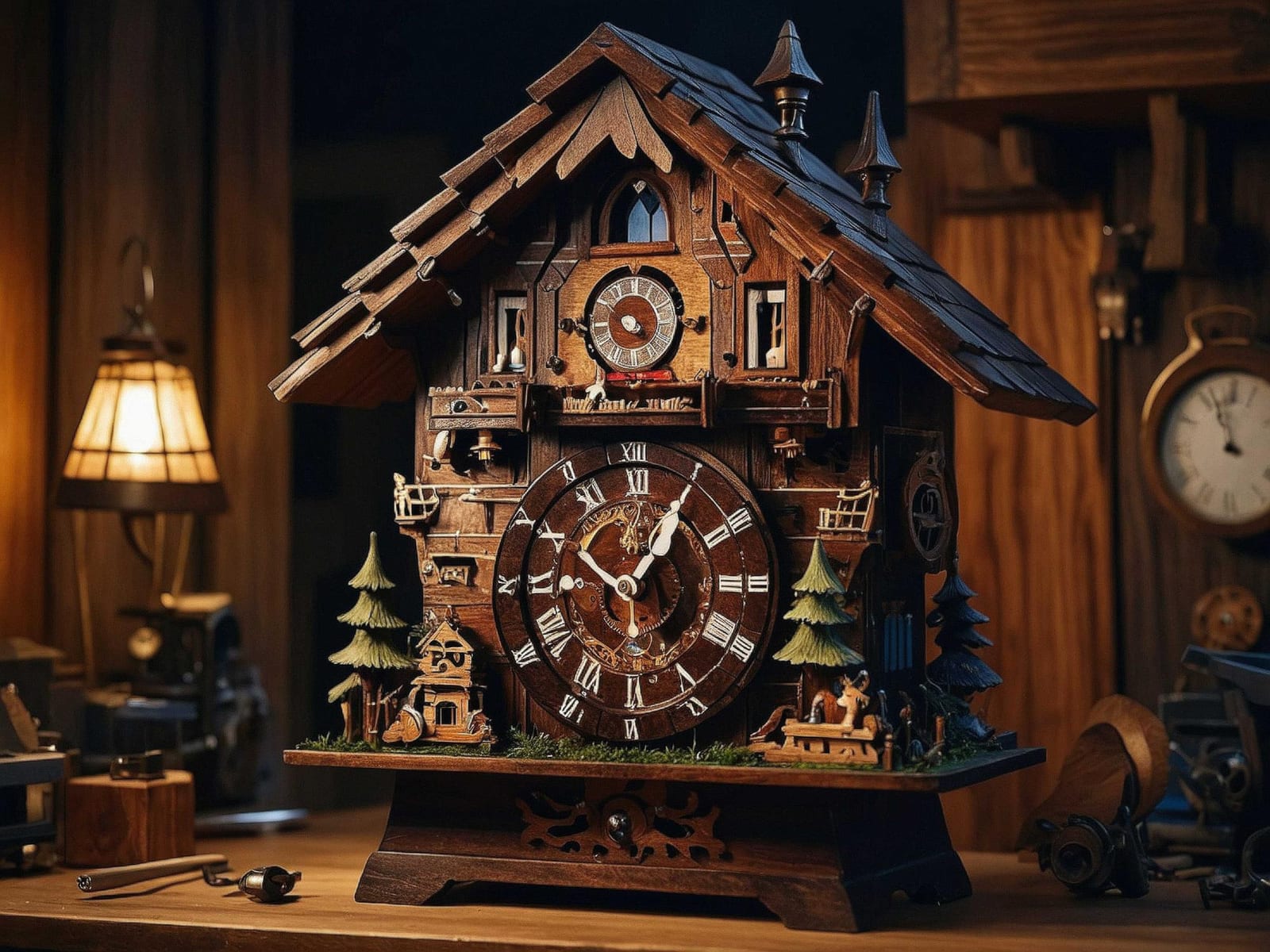 Orologio a cuculo in legno intagliato in riparazione su un banco da lavoro illuminato da una lampada